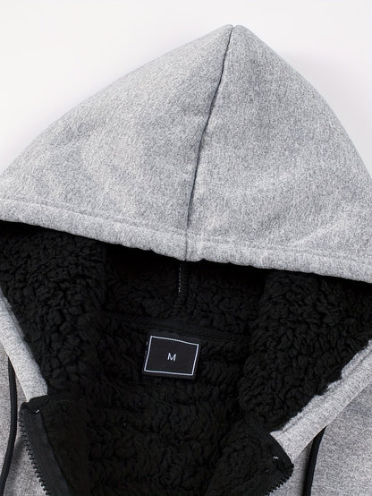 Grauer Herren Kapuzenpullover mit Reißverschluss und Teddyfutter
