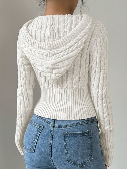 Damen Strickpullover Hoodie Crop Top Zopfmuster Reißverschluss