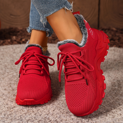 Damen Sneaker mit Strick-Obermaterial und Futter in Pelz-Optik Rot
