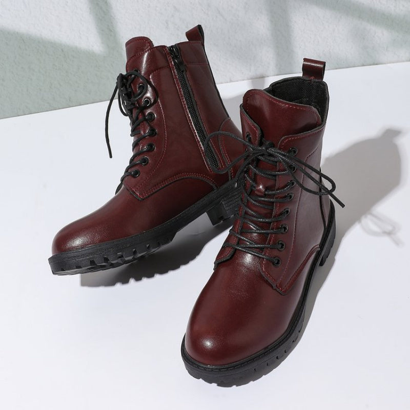 Women’s dark red worker boots with laces and a zipper