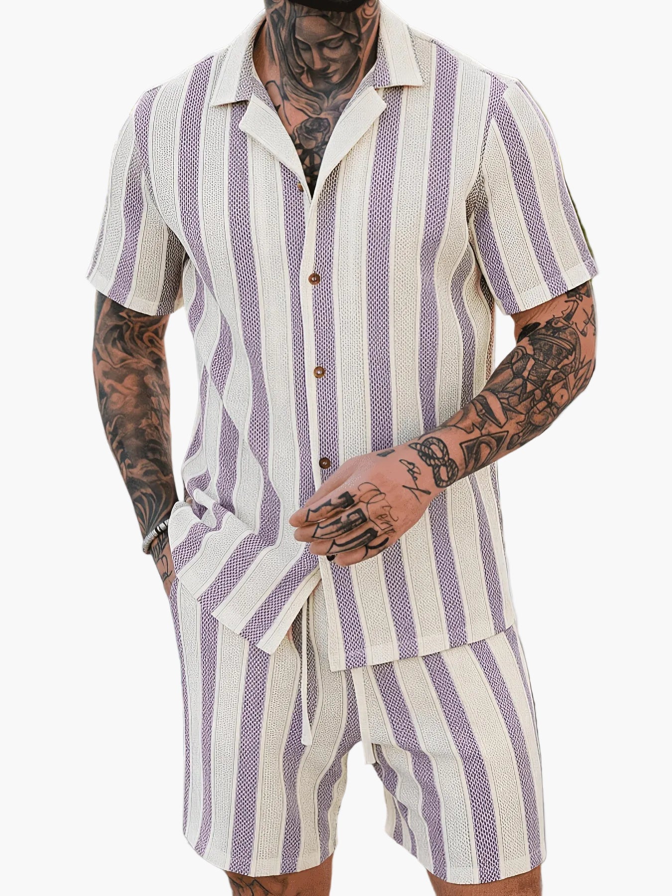 Men's Summer Set – Striped Casual Outfit with Short-Sleeve Shirt and Shorts, Ideal for Vacation & Everyday Wear