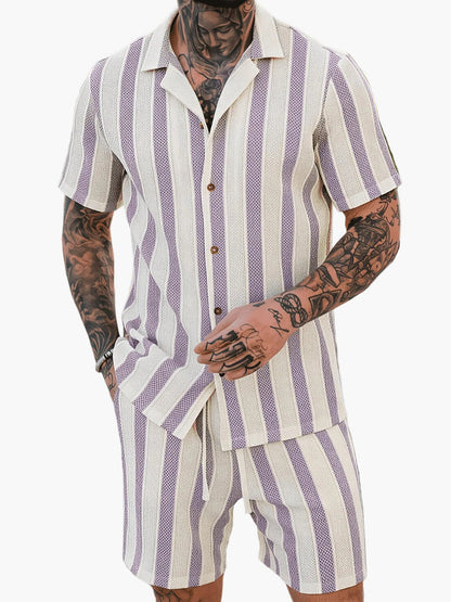 Men's Summer Set – Striped Casual Outfit with Short-Sleeve Shirt and Shorts, Ideal for Vacation & Everyday Wear