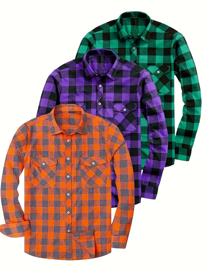Men’s plaid long-sleeve casual shirt with chest pockets
