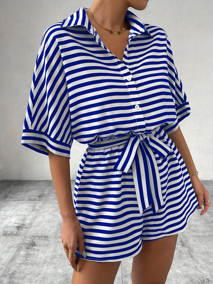 Women's short-sleeve jumpsuit with stripe pattern for leisure and summer