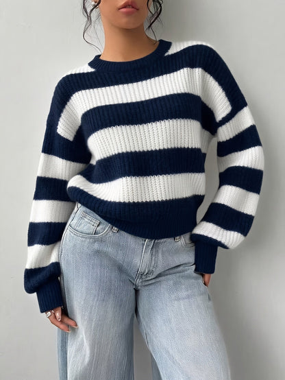 Women's knitted sweater, black and white striped, crew neck, loose fit