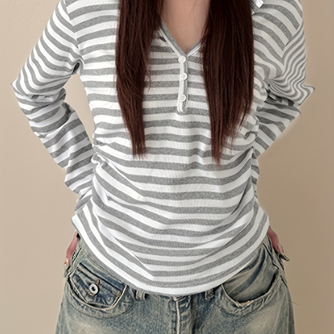 Damen Langarmshirt gestreift mit Knopfleiste