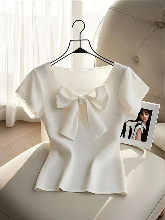 Women's blouse with bow and short sleeves – elegant style for office and special occasions