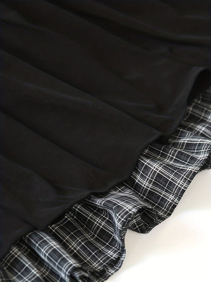 Women's floor-length tiered skirt with a checked underskirt and drawstring