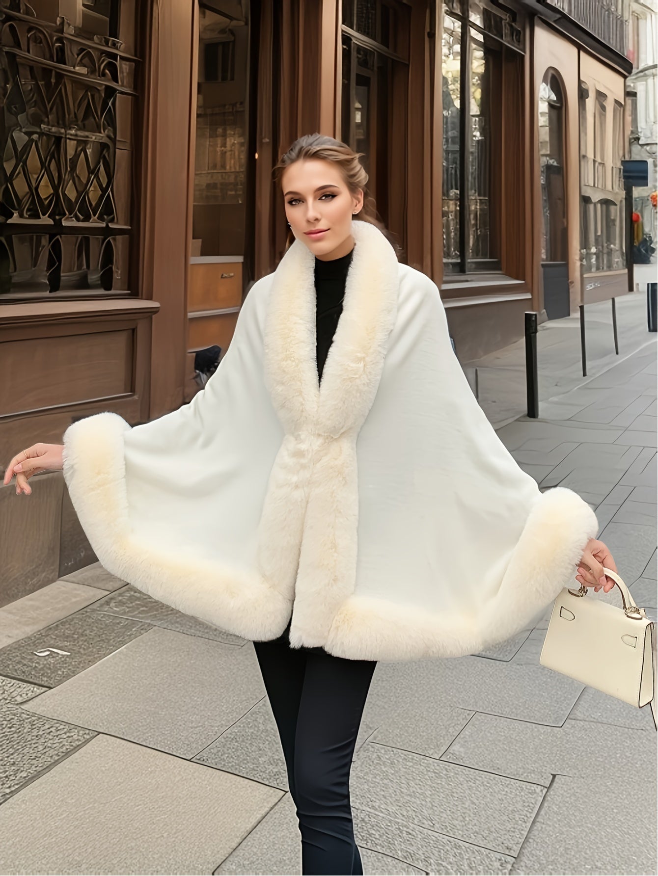 Women's cape with faux fur trim - Warm poncho design