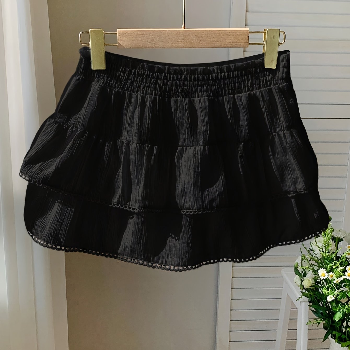 Women's summer mini skirt with ruffles and elastic waistband – Playful boho style for leisure and vacation