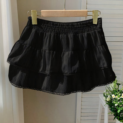 Women's summer mini skirt with ruffles and elastic waistband – Playful boho style for leisure and vacation