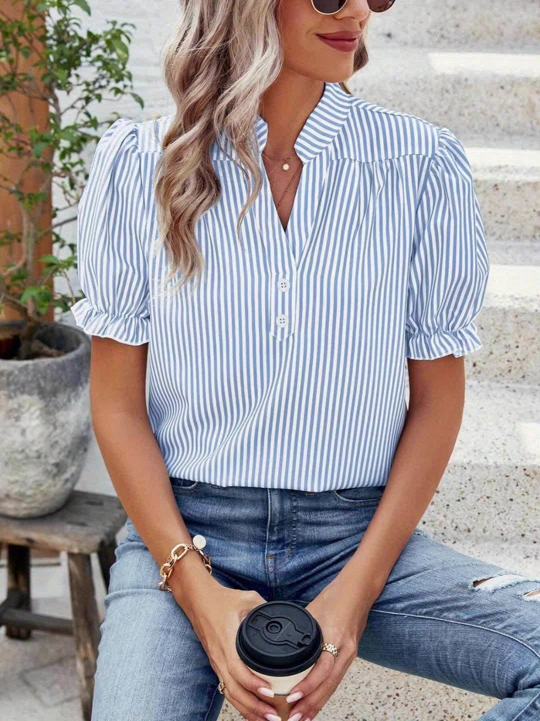 Women's blouse with stand-up collar and puff sleeves – Striped casual shirt for spring and summer