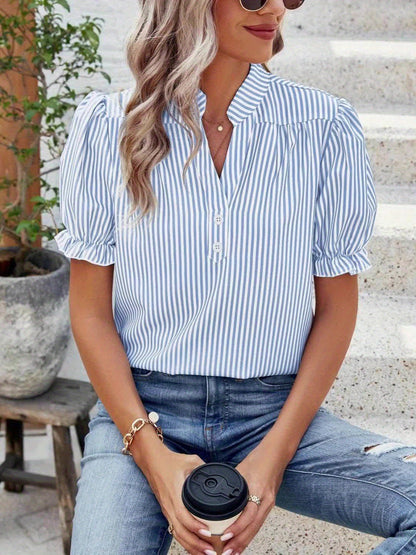 Women's blouse with stand-up collar and puff sleeves – Striped casual shirt for spring and summer