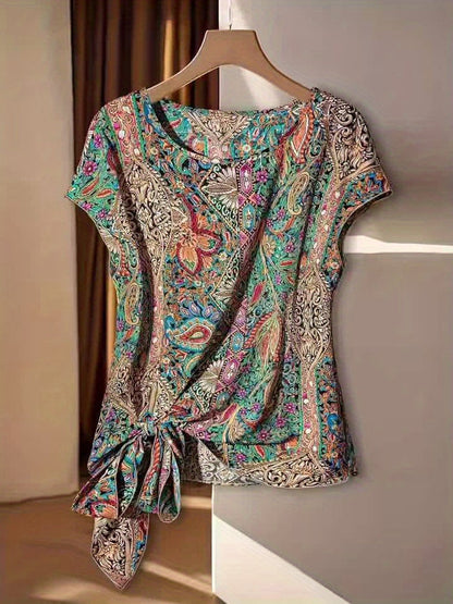 Women's Boho Blouse Shirt with Paisley Pattern and Knot Detail – Elegant Spring & Summer Top, Fashionable and Versatile