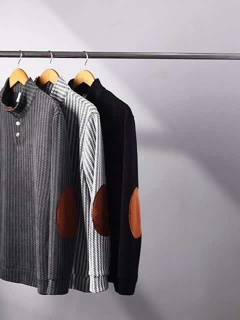 Men's turtleneck sweater with half-button closure and elbow patches, White Black