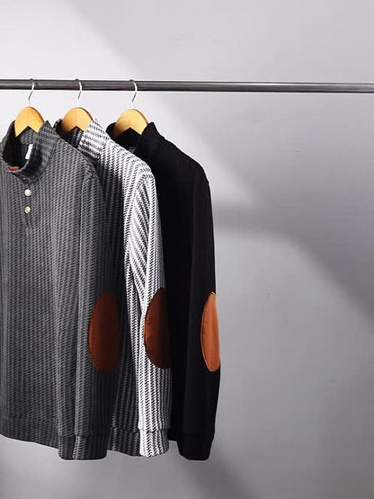 Men's turtleneck sweater with half-button closure and elbow patches, White Black