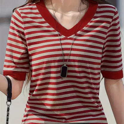 Damen Modernes Streifen T-Shirt mit V-Ausschnitt – Lässiger Alltagsstil