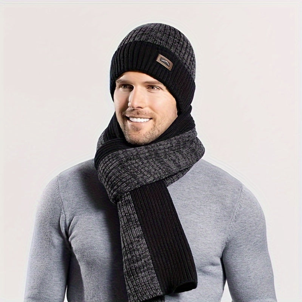 Strickmütze Schal Handschuhe Set Herren Warm Grau Winters Set