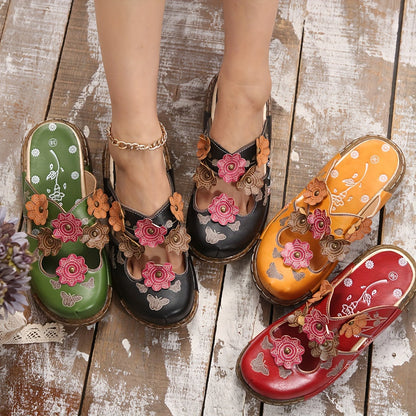 Women's Comfortable Wedge Heel Clogs with Flower Appliqué – Casual Boho Slip-On Shoes