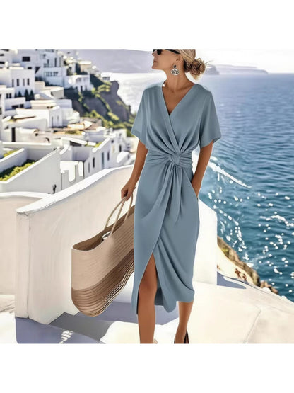Women's Summer Wrap Dress with Knot Detail and V-Neck – Elegant Vintage Beach Dress