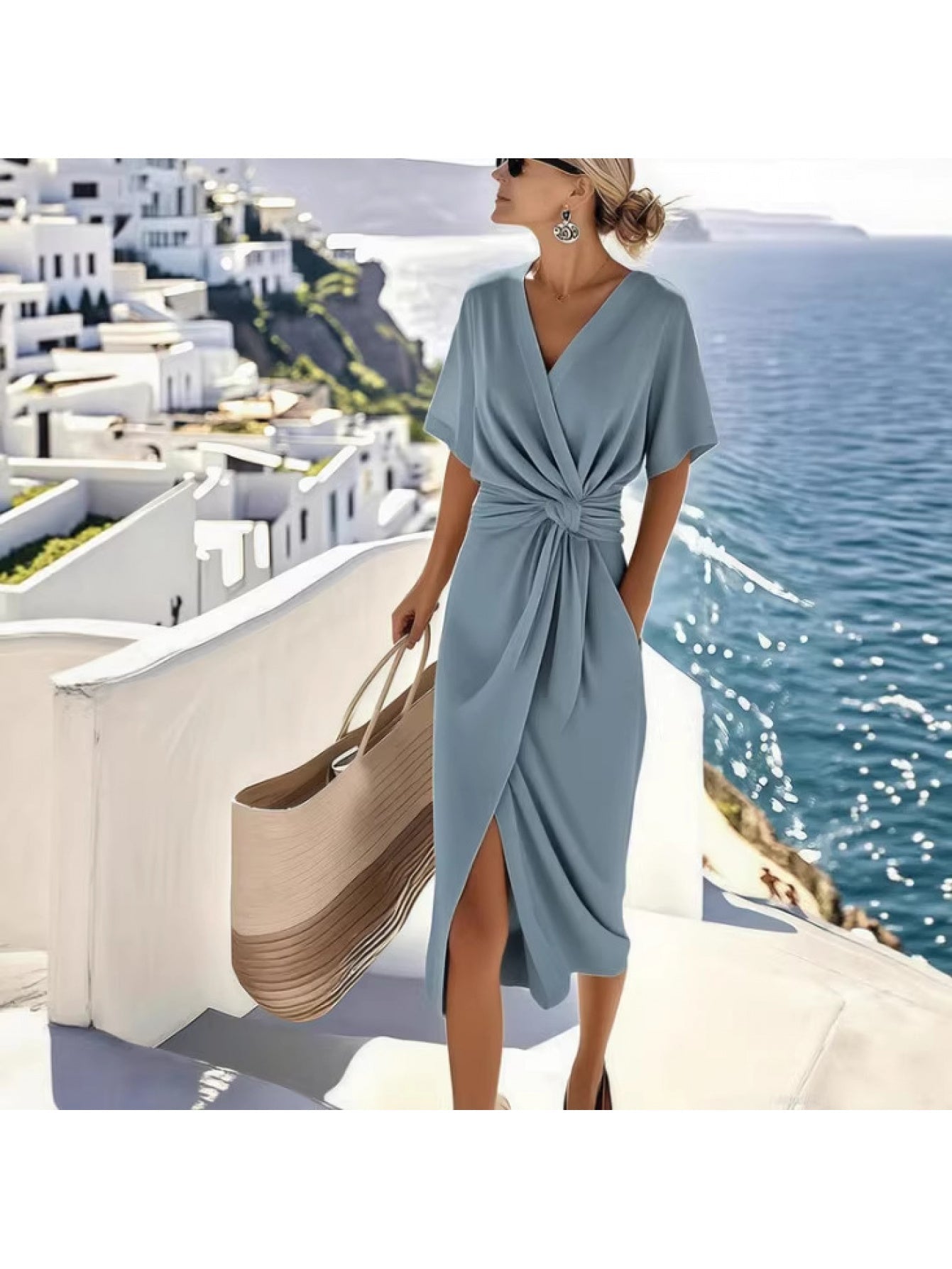 Women's Summer Wrap Dress with Knot Detail and V-Neck – Elegant Vintage Beach Dress