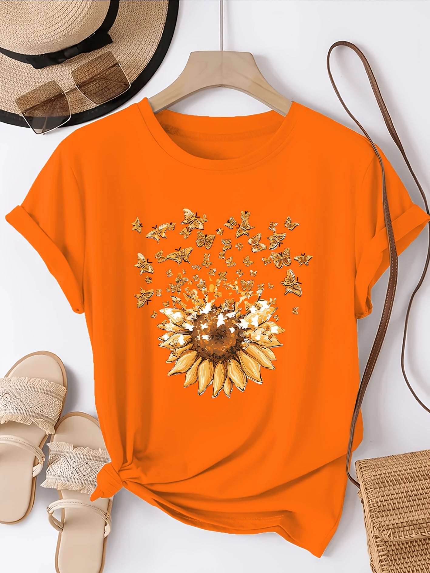 Women's T-shirt with Sunflower and Butterfly Print, Casual Style, Spring/Summer