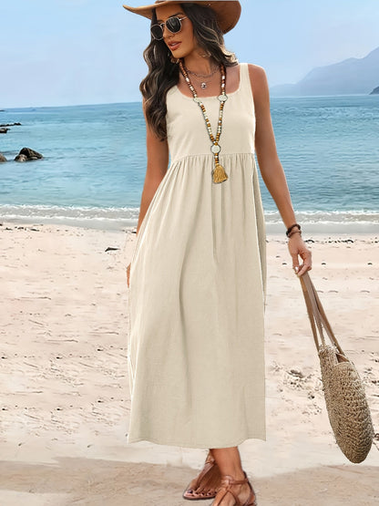 Women's Fit & Flare Midi Dress with Wide Skirt and Square Neck – Perfect for Vacation and Everyday Wear