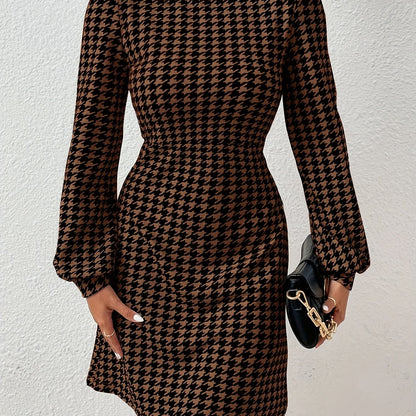Damen Hahnentritt Kleid Schwarz Braun mit Stehkragen und Puffärmeln