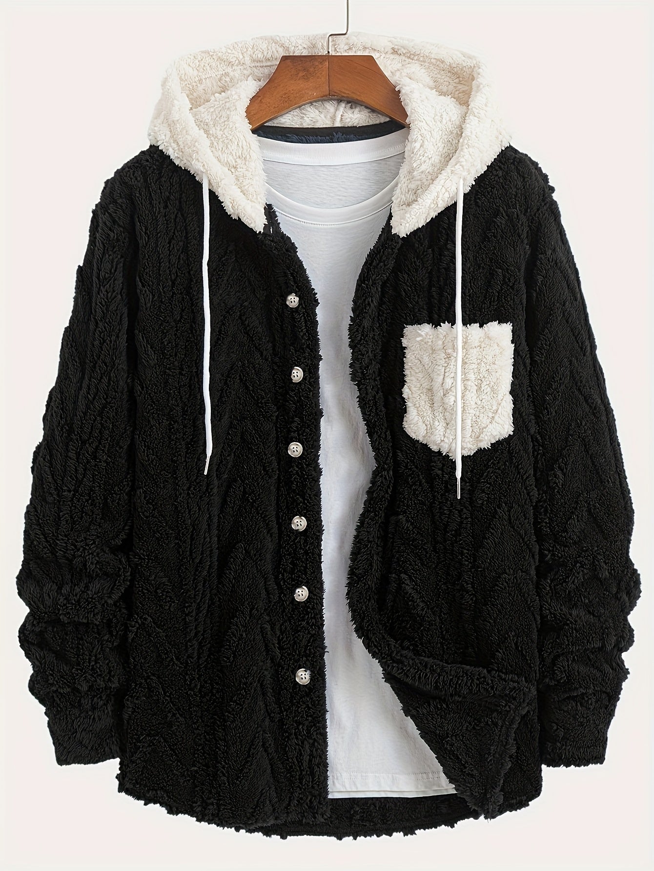 Men's teddy fleece jacket with hood and chest pocket