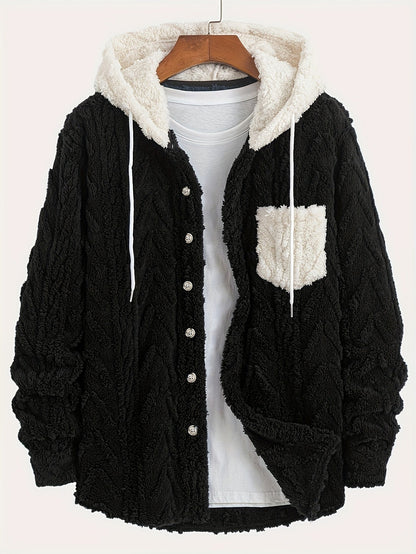 Men's teddy fleece jacket with hood and chest pocket