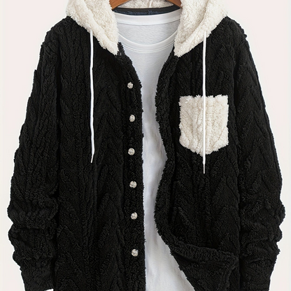 Men's teddy fleece jacket with hood and chest pocket