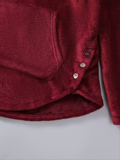 Women's plush hoodie with cat print and button placket