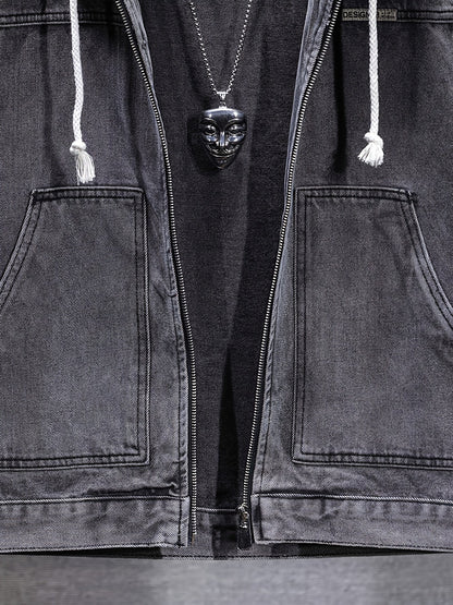 Men's denim vest with hood, sleeveless, with zipper and pockets
