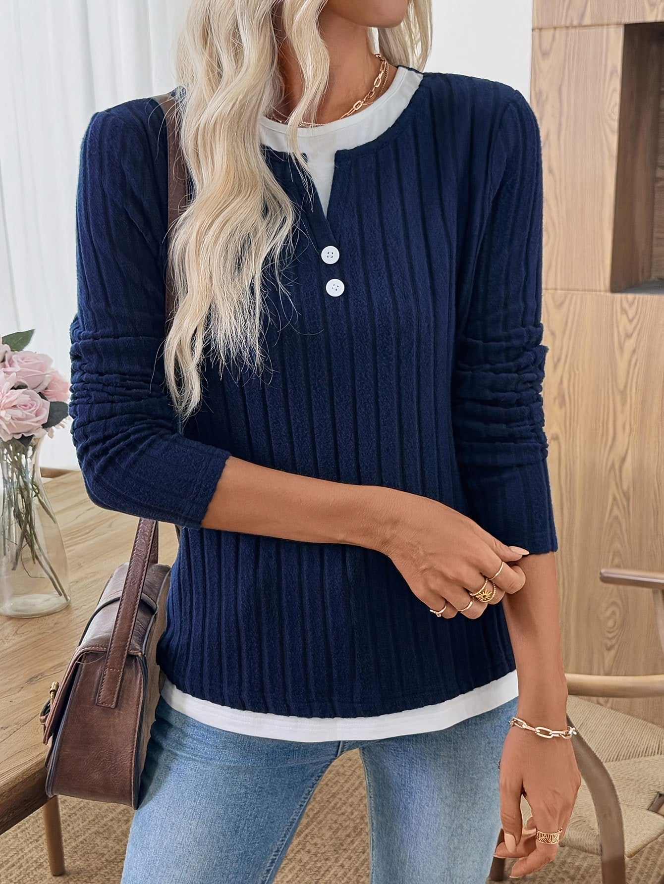 Damen Langarmshirt Gerippt Marineblau Henley-Ausschnitt