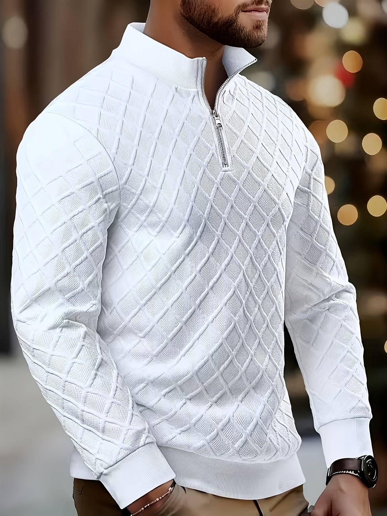 Herren Halb-Reißverschluss Pullover mit Rautenmuster, Weiß