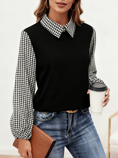 Women's black blouse with houndstooth-patterned sleeves and collar