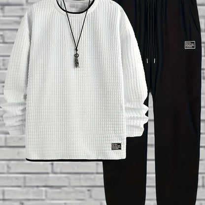 Men's two-piece set: quilted crew-neck pullover & jogging pants in white and black