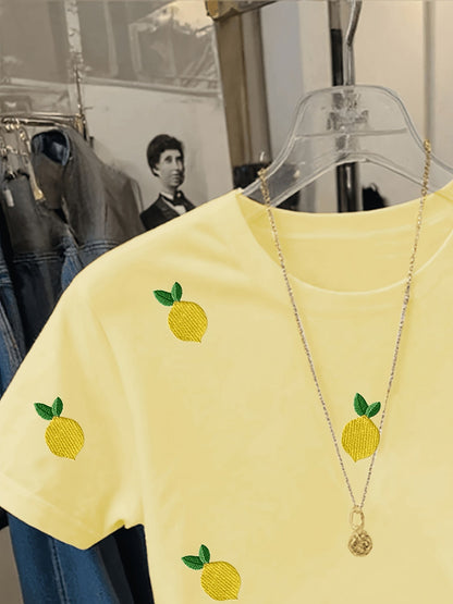 Women's T-shirt with Lemon Embroidery and Summery Fruit Design, Casual Style