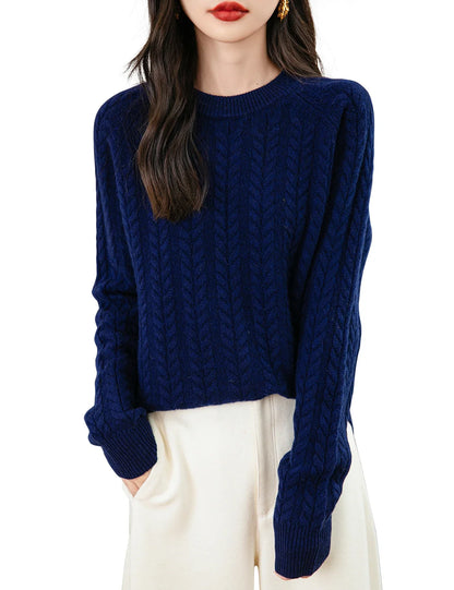 Women's cable-knit sweater with crew neck in caramel brown