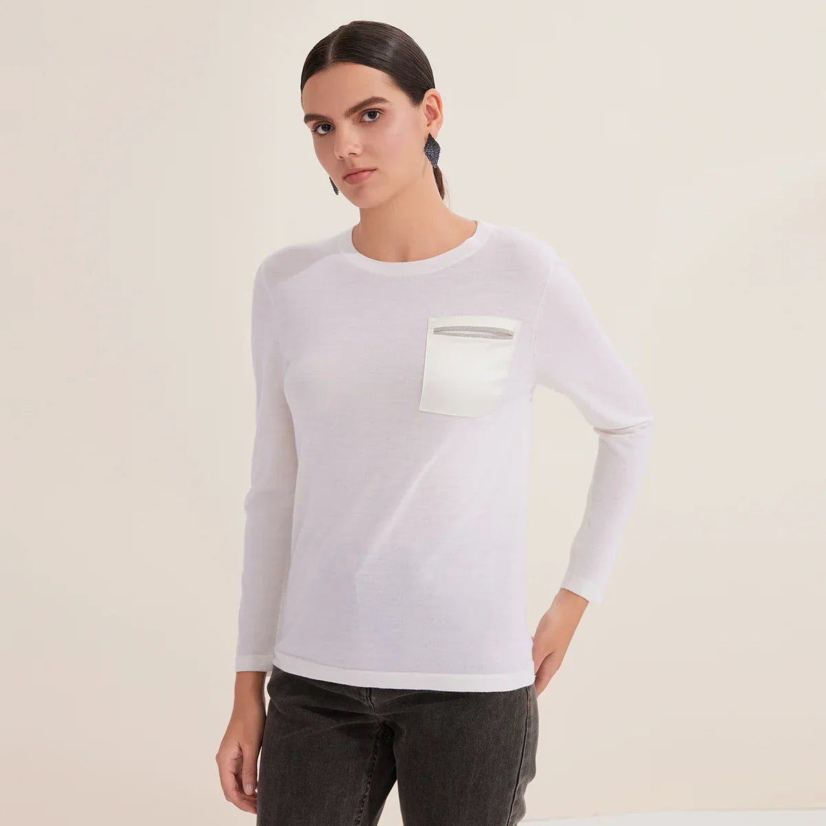 Women's Casual Crew-Neck Long-Sleeve Top with Chest Pocket