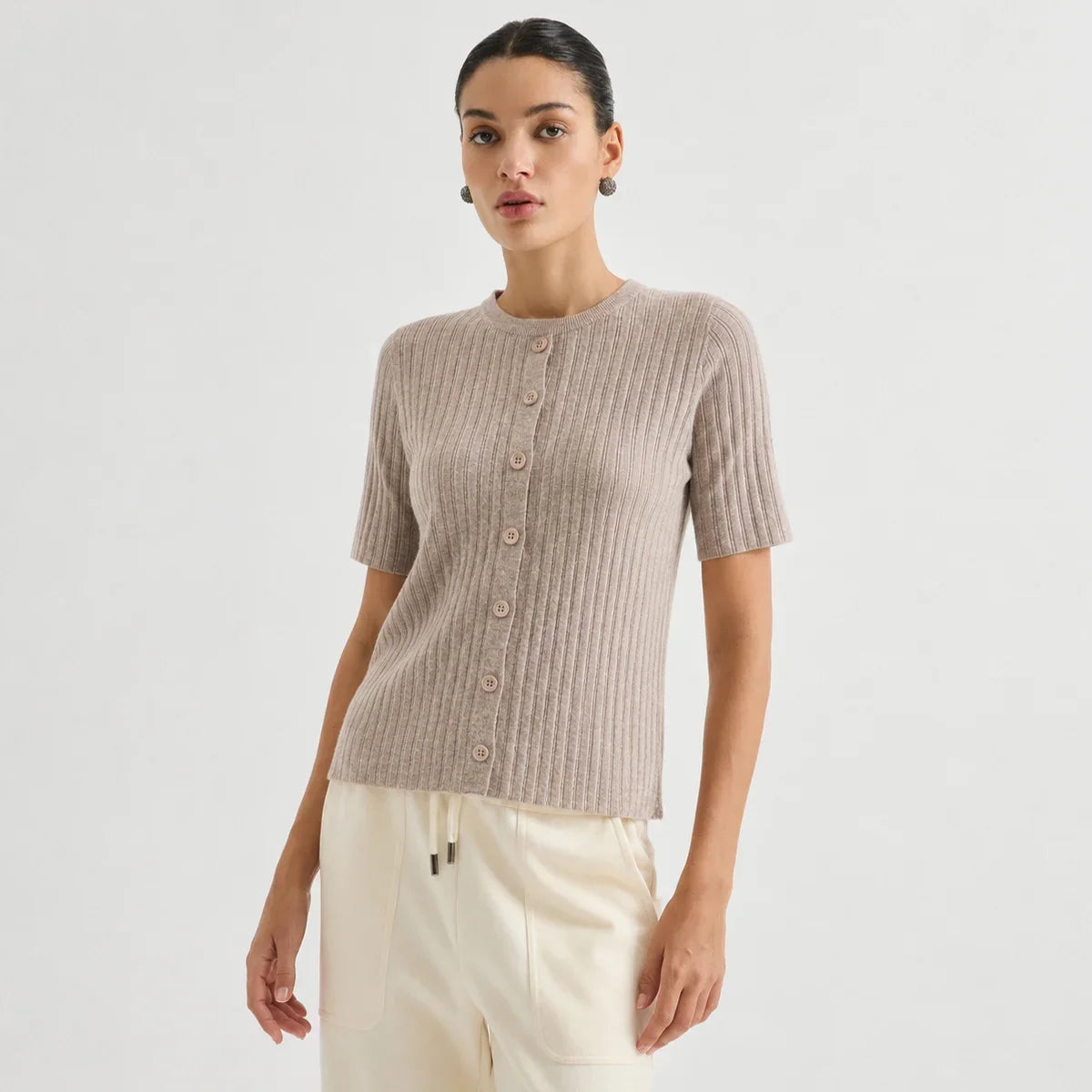 Women's Ribbed Knit Top with Short Sleeves and Button Placket