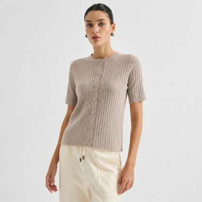 Women's Ribbed Knit Top with Short Sleeves and Button Placket