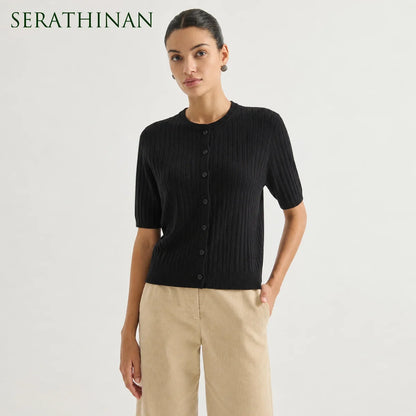 Women's Ribbed Knit Top with Short Sleeves and Button Placket