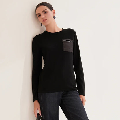 Women's Casual Crew-Neck Long-Sleeve Top with Chest Pocket