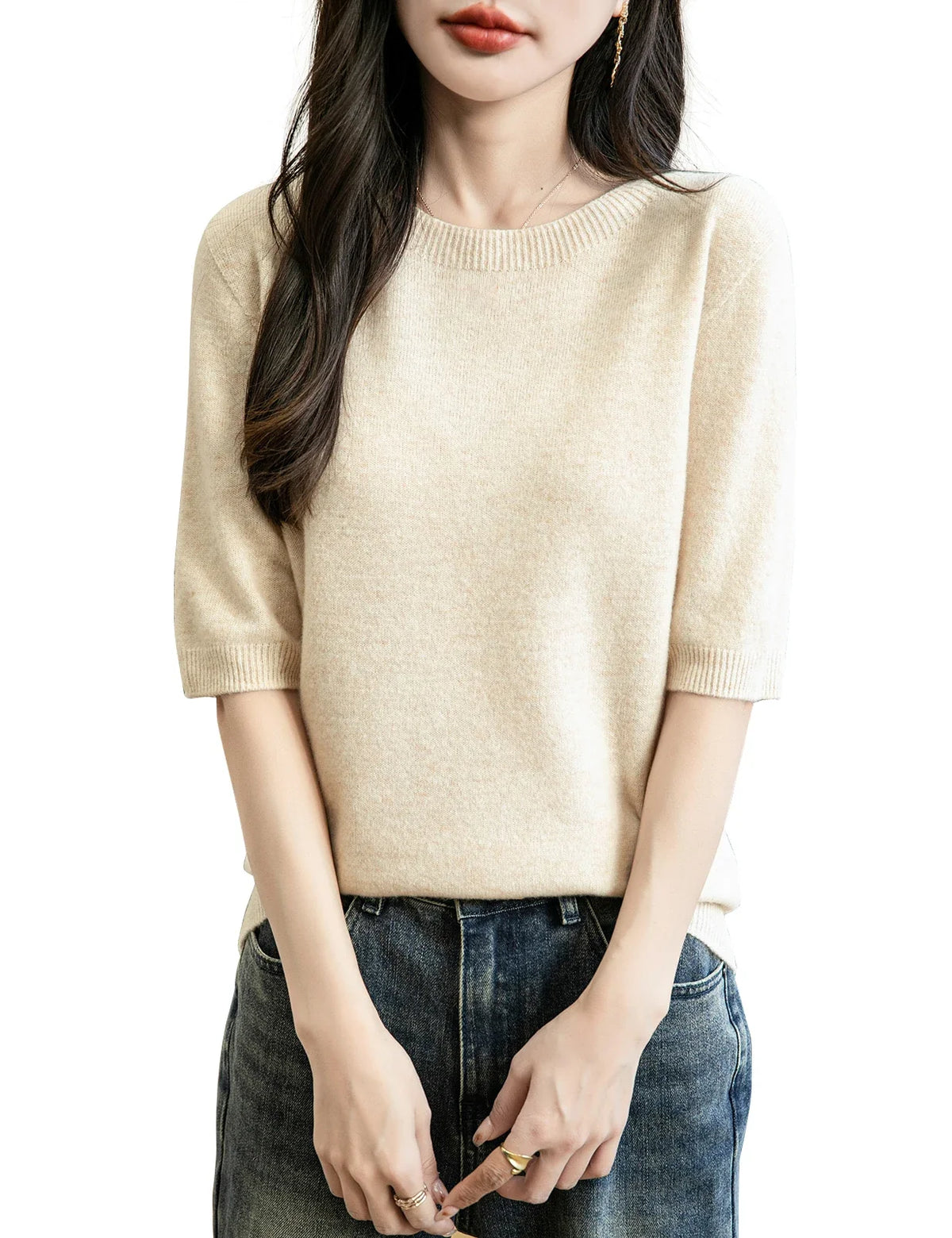 Women's short-sleeve sweater with crew neck - Soft top for women