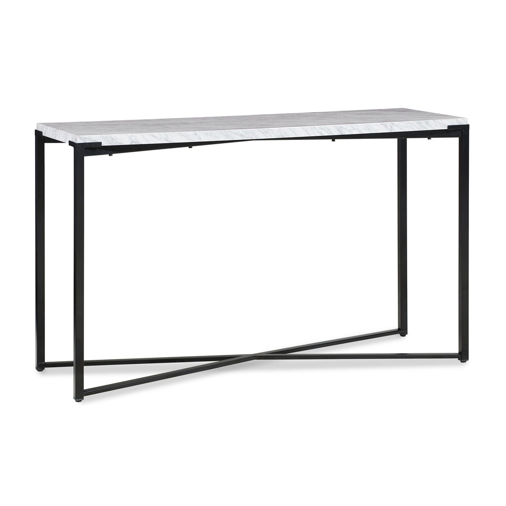 Consoletafel Carrara-marmer en metaal Saxon, mat zwart onderstel – 127 x 43 x 76 cm, voor hal of woonkamer