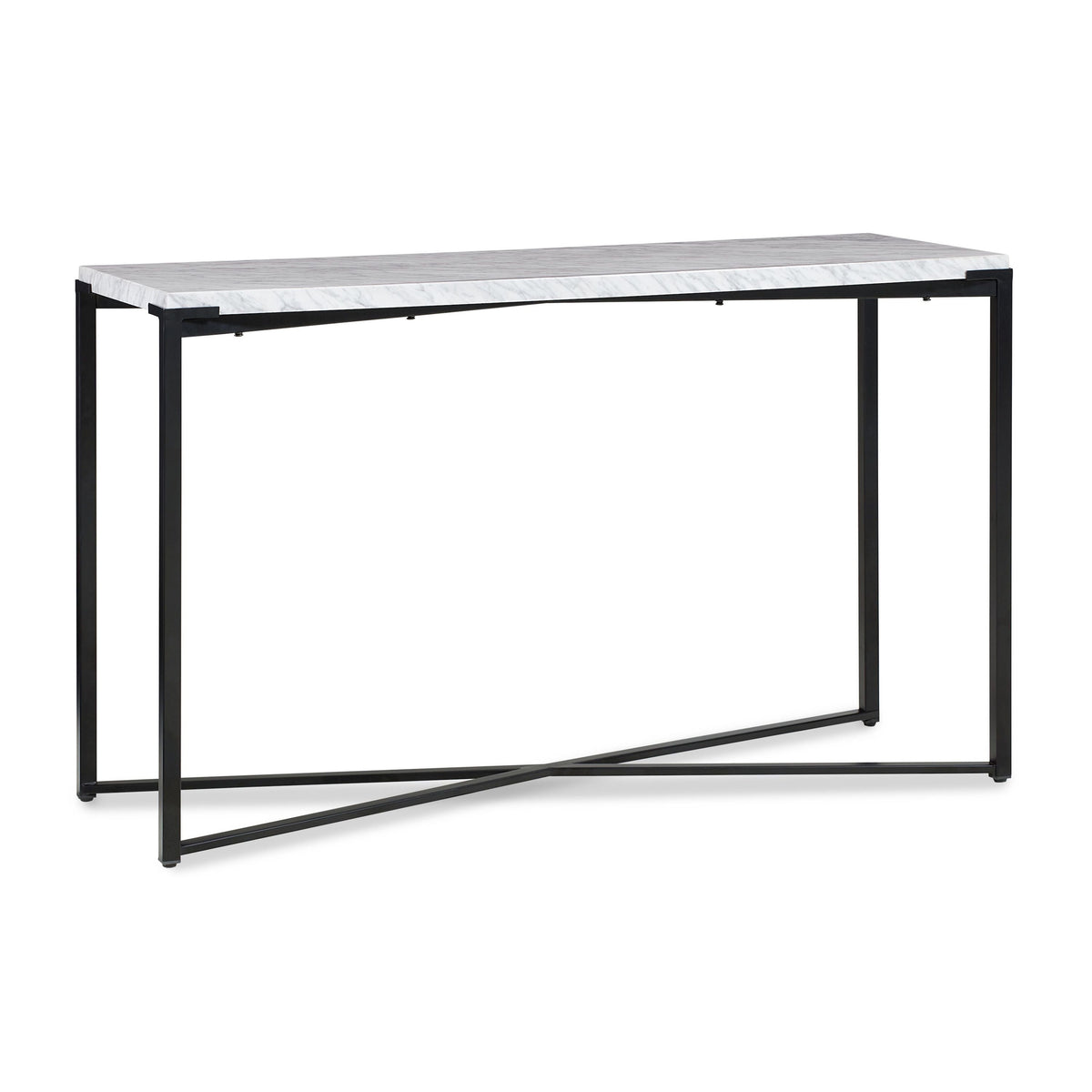 Consoletafel Carrara-marmer en metaal Saxon, mat zwart onderstel – 127 x 43 x 76 cm, voor hal of woonkamer