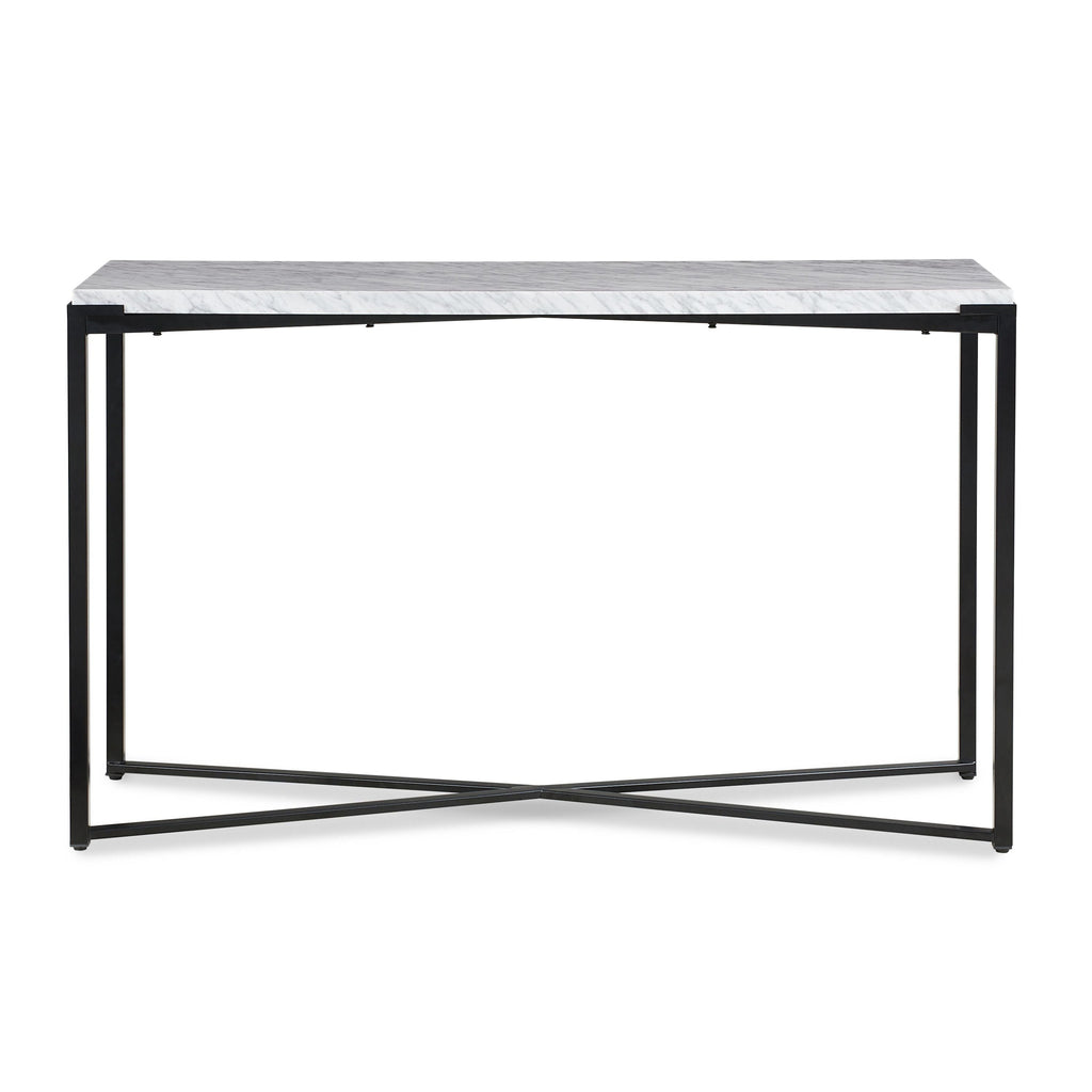 Consoletafel Carrara-marmer en metaal Saxon, mat zwart onderstel – 127 x 43 x 76 cm, voor hal of woonkamer
