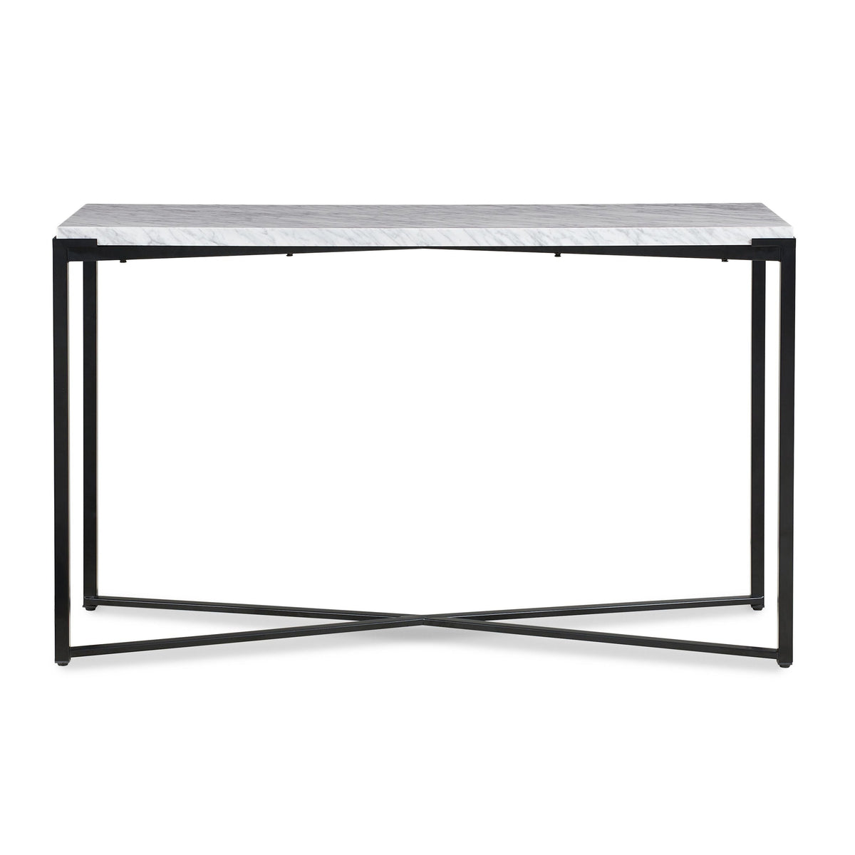 Consoletafel Carrara-marmer en metaal Saxon, mat zwart onderstel – 127 x 43 x 76 cm, voor hal of woonkamer