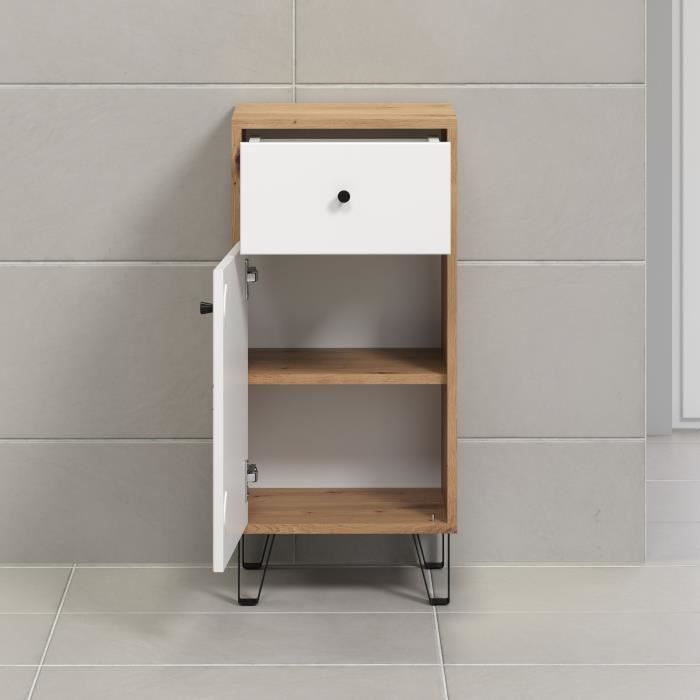 Badkamerkast Touch mat wit met eiken decor, met lade en deur, zwarte metalen poten